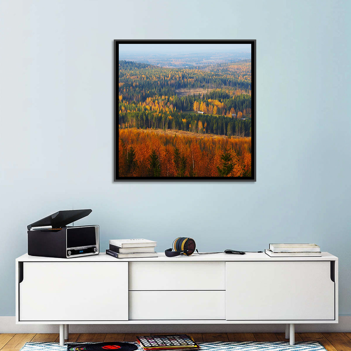 Finnish Autumn Landscape with Red-roofed House Wall Art in a room, square