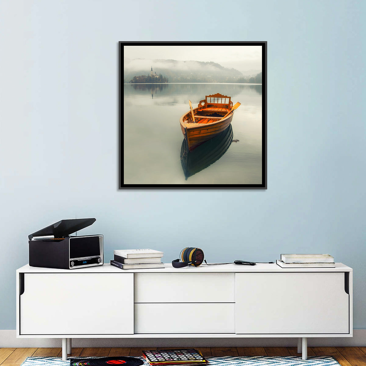 Wooden Boat on Misty Lake Bled Wall Art in a room, square