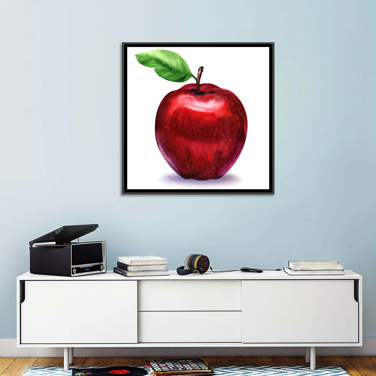 Red Apple Watercolor Wall Art in a room, square