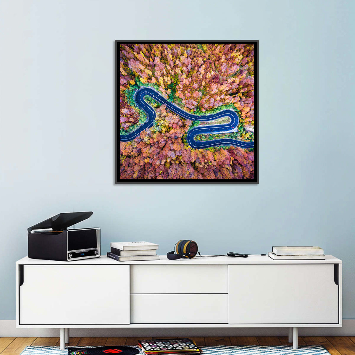 Aerial Winding Road Wall Art in a room, square