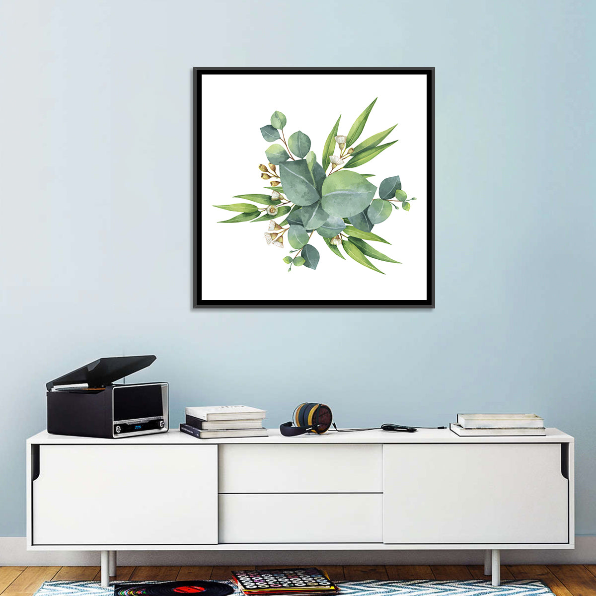 Eucalyptus Leaf Watercolor Cluster Wall Art in a room, square