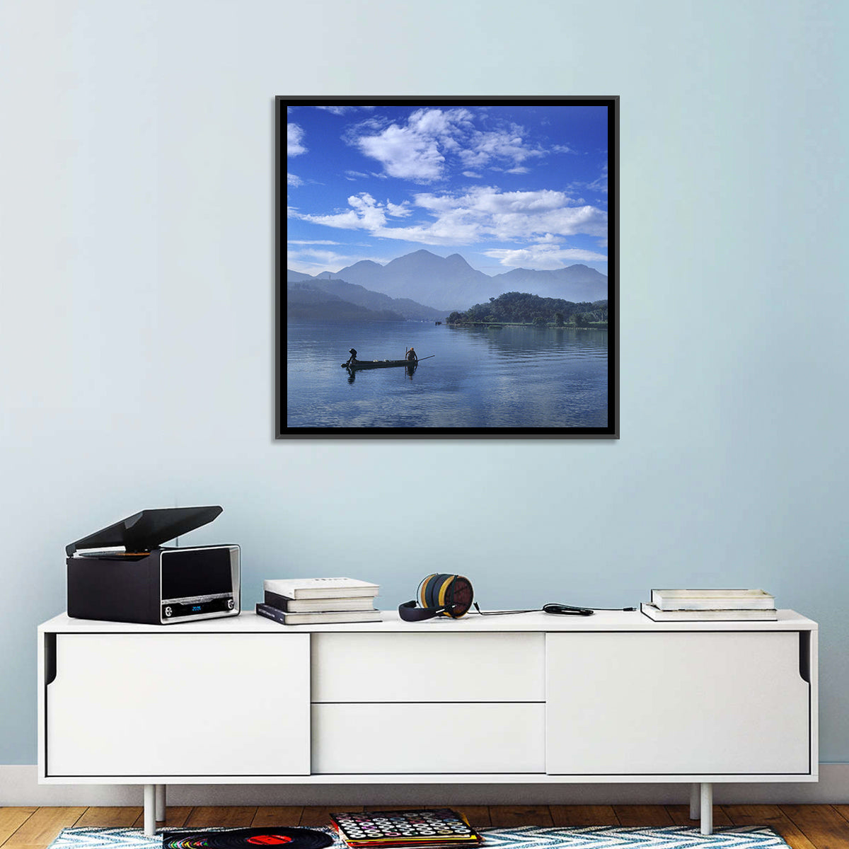 Sun Moon Lake Morning Mist Wall Art in a room, square