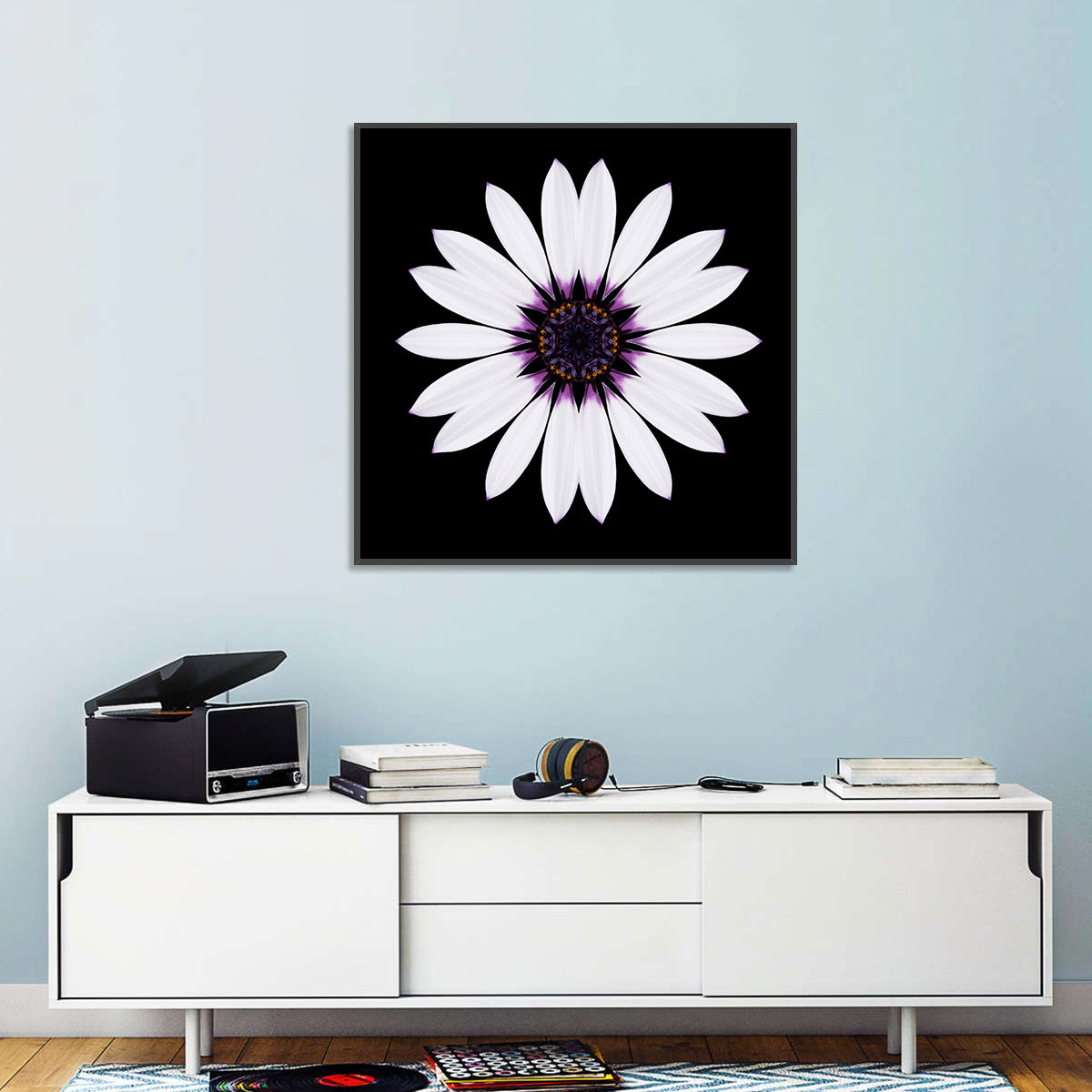 White Daisy Mandala on Black Wall Art in a room, square