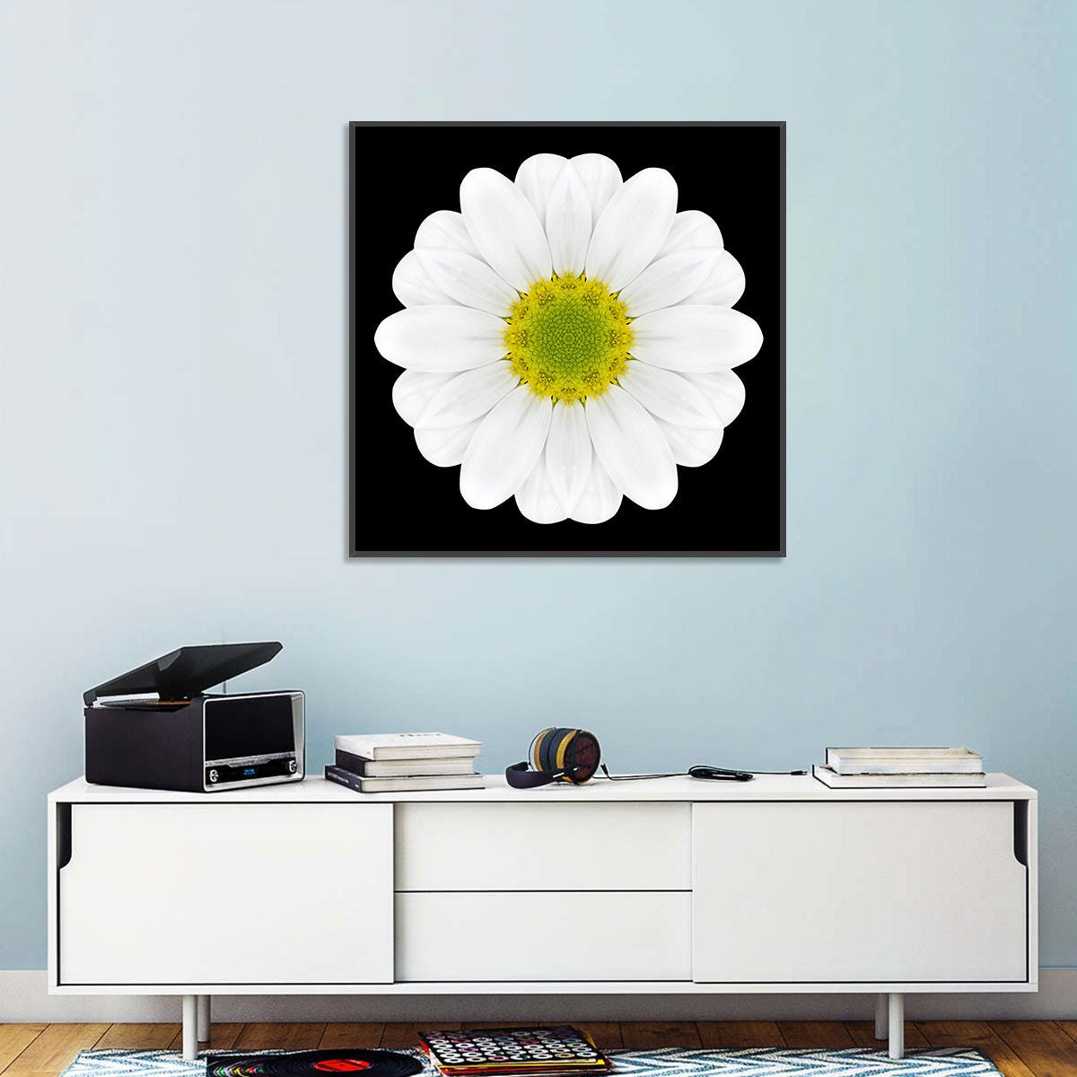 High Contrast Daisy Mandala Pattern Wall Art in a room, square