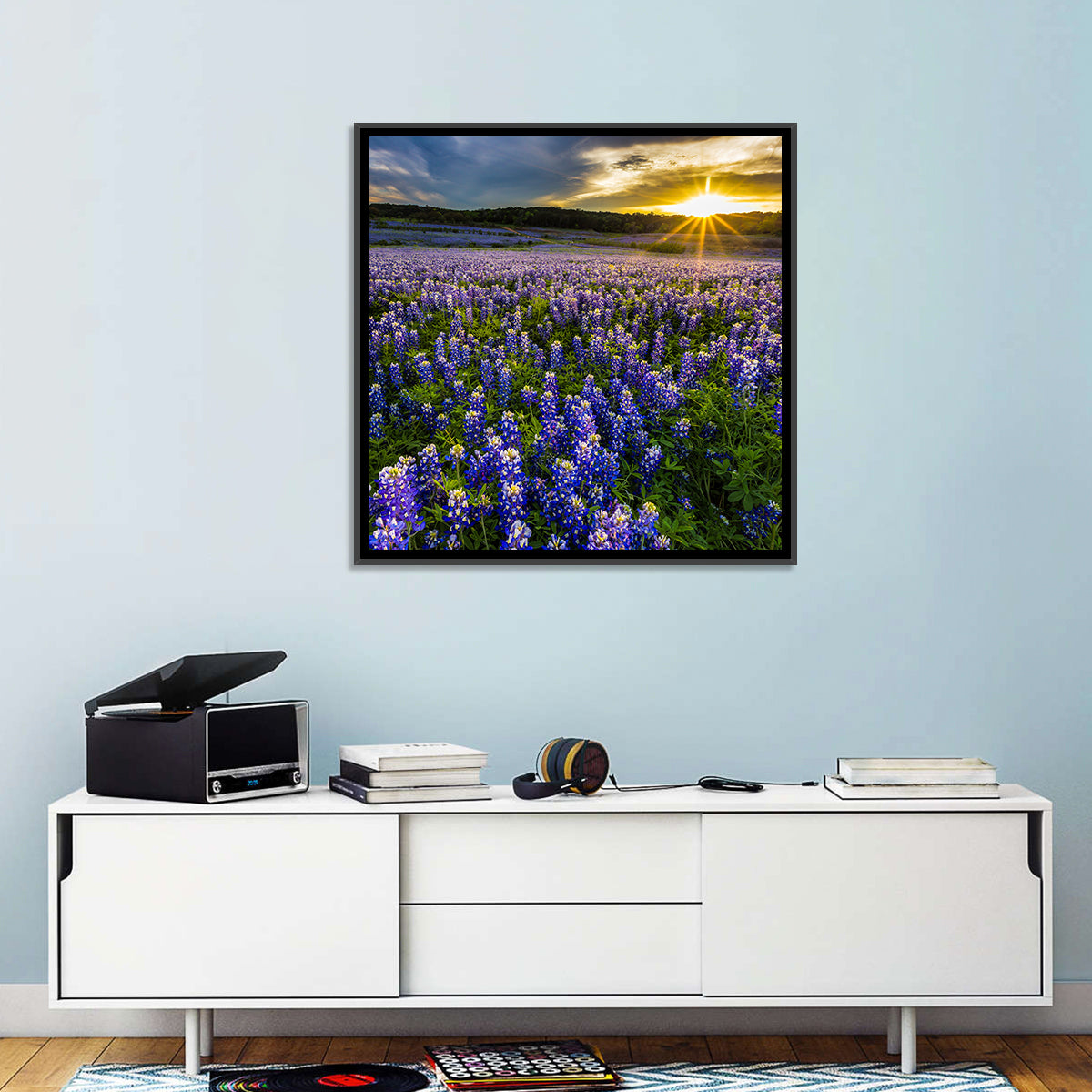 Texas Bluebonnet Field at Sunset Wall Art in a room, square