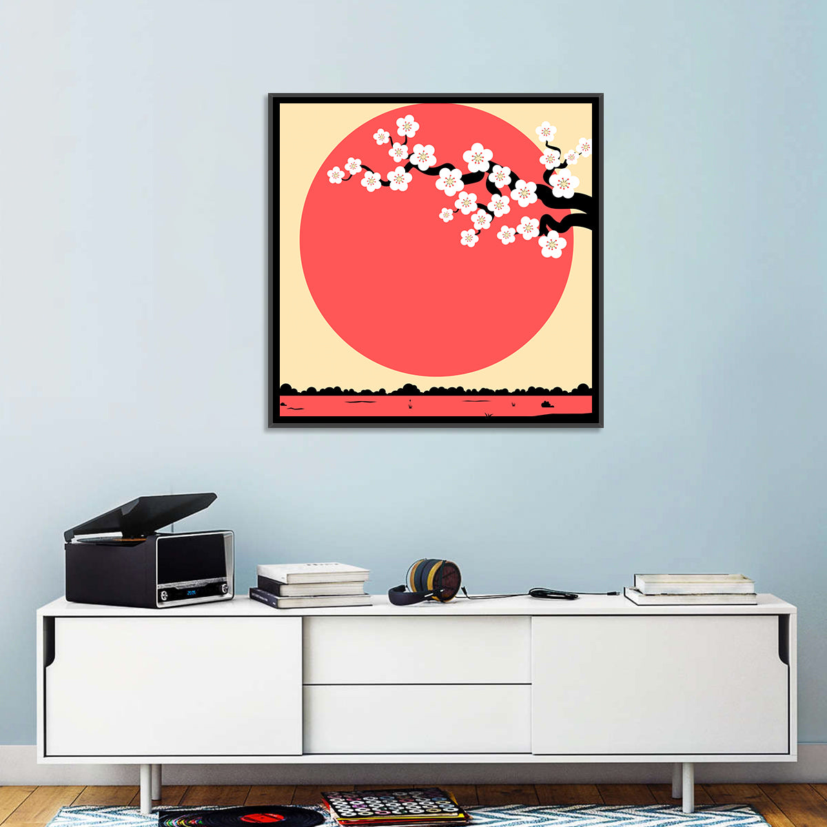Cherry Blossom with Red Sun Wall Art in a room, square