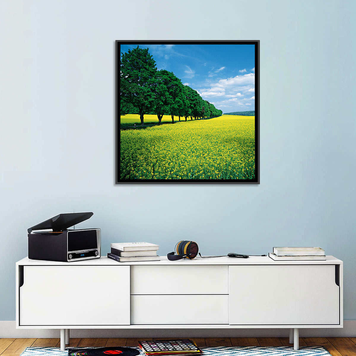 Spring Field of Yellow Flowers Wall Art in a room, square