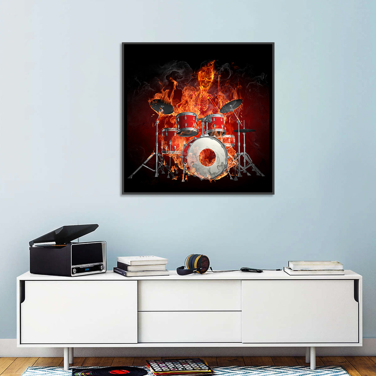 Flaming Skeleton Drummer Wall Art in a room, square