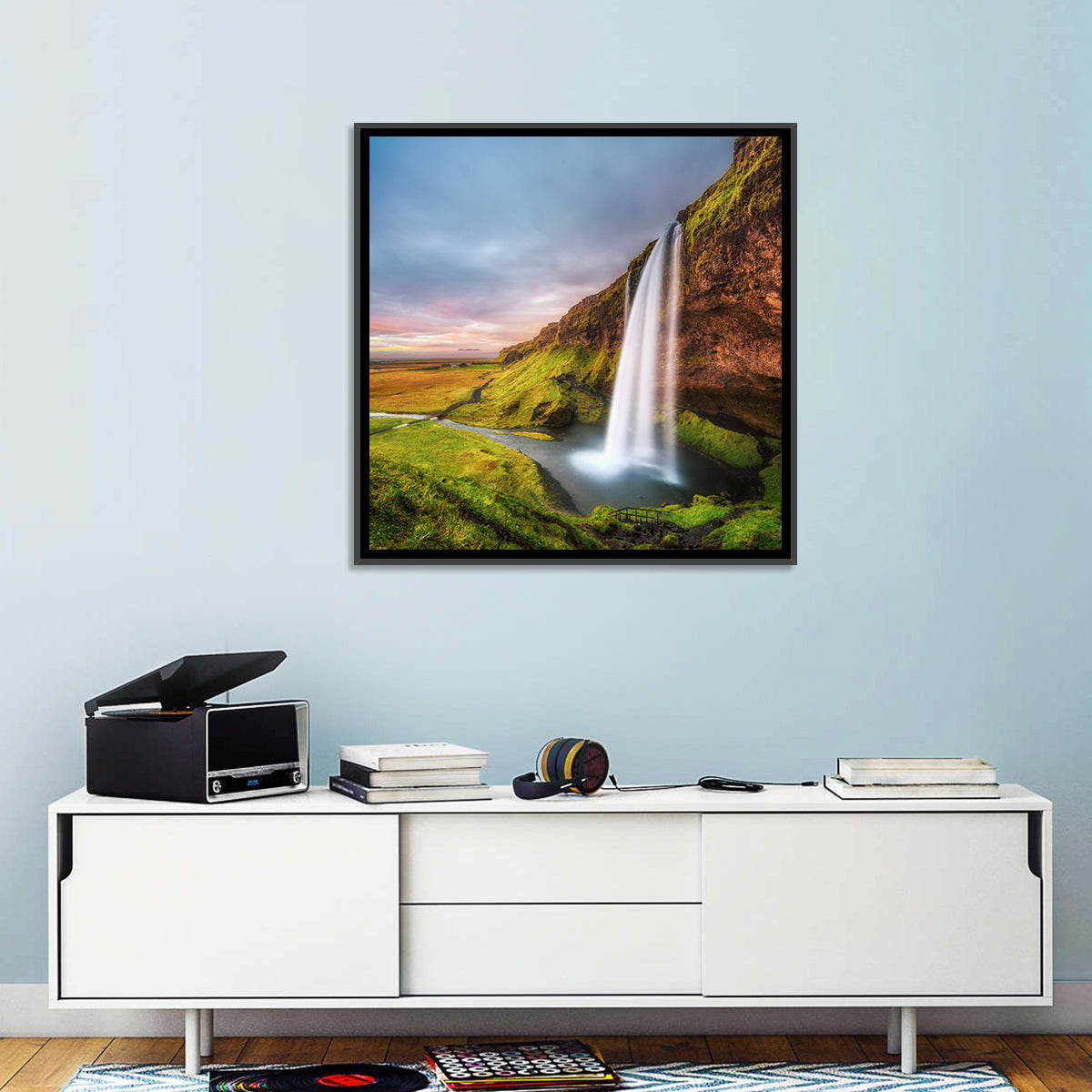 Seljalandsfoss Waterfall Wall Art in a room, square