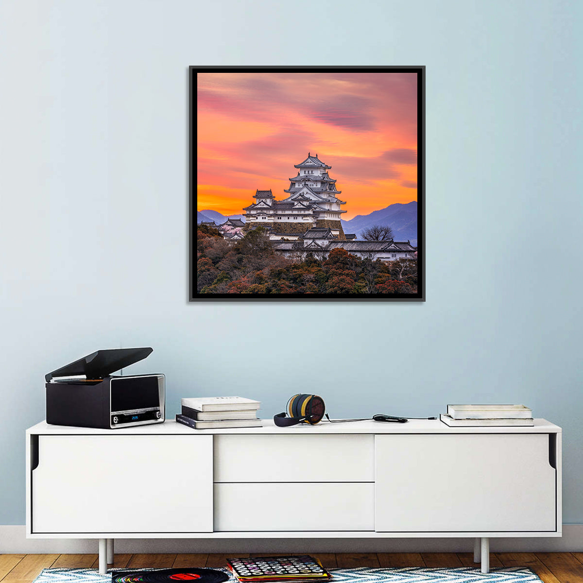 Himeji Castle at Sunrise Wall Art in a room, square