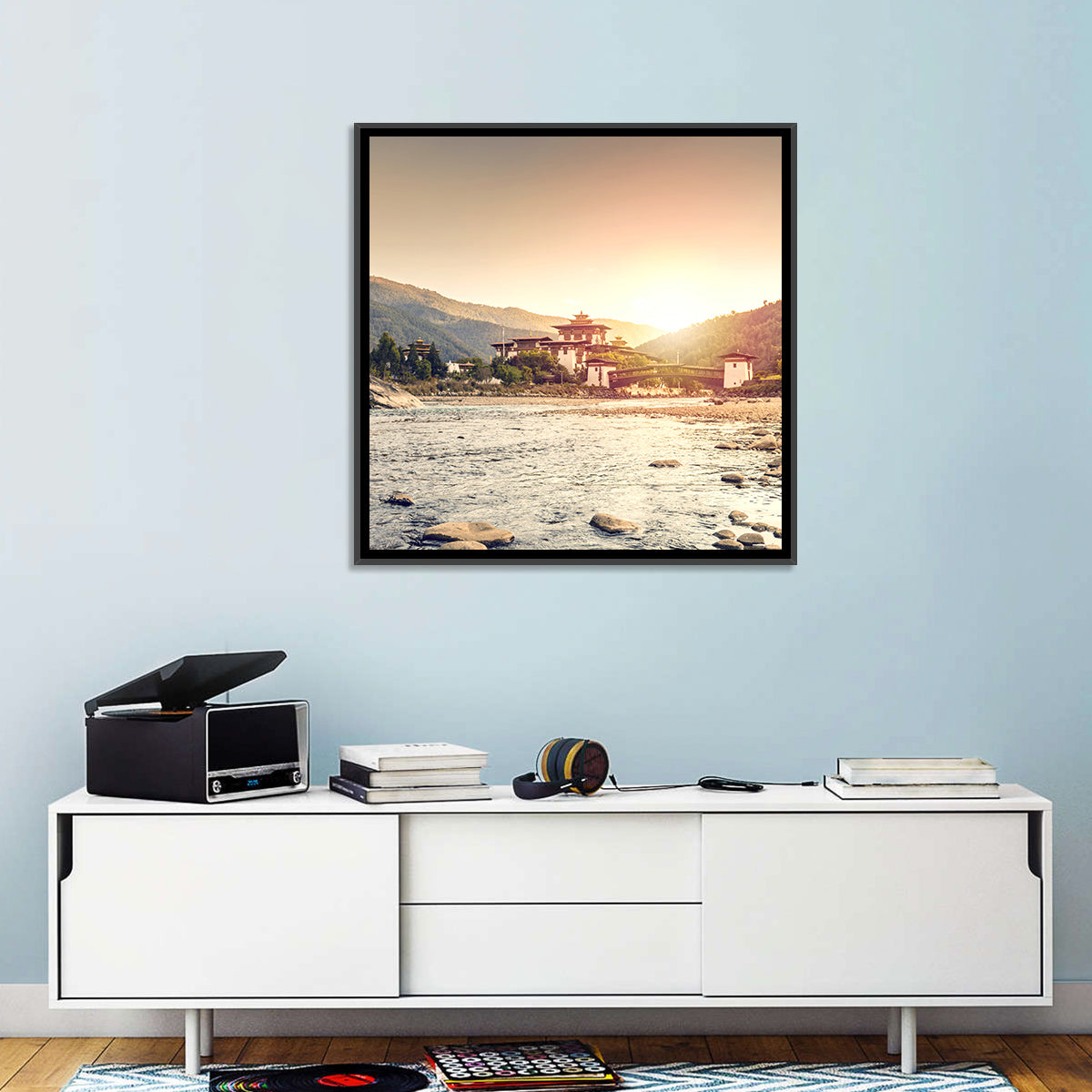 Punakha Dzong at Golden Hour Wall Art in a room, square