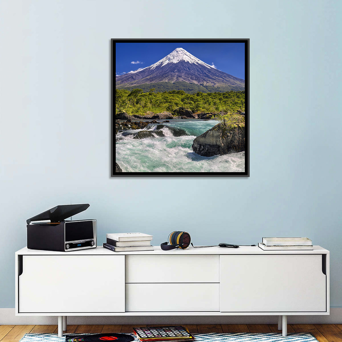 Osorno Volcano Over Petrohue Rapids Wall Art in a room, square