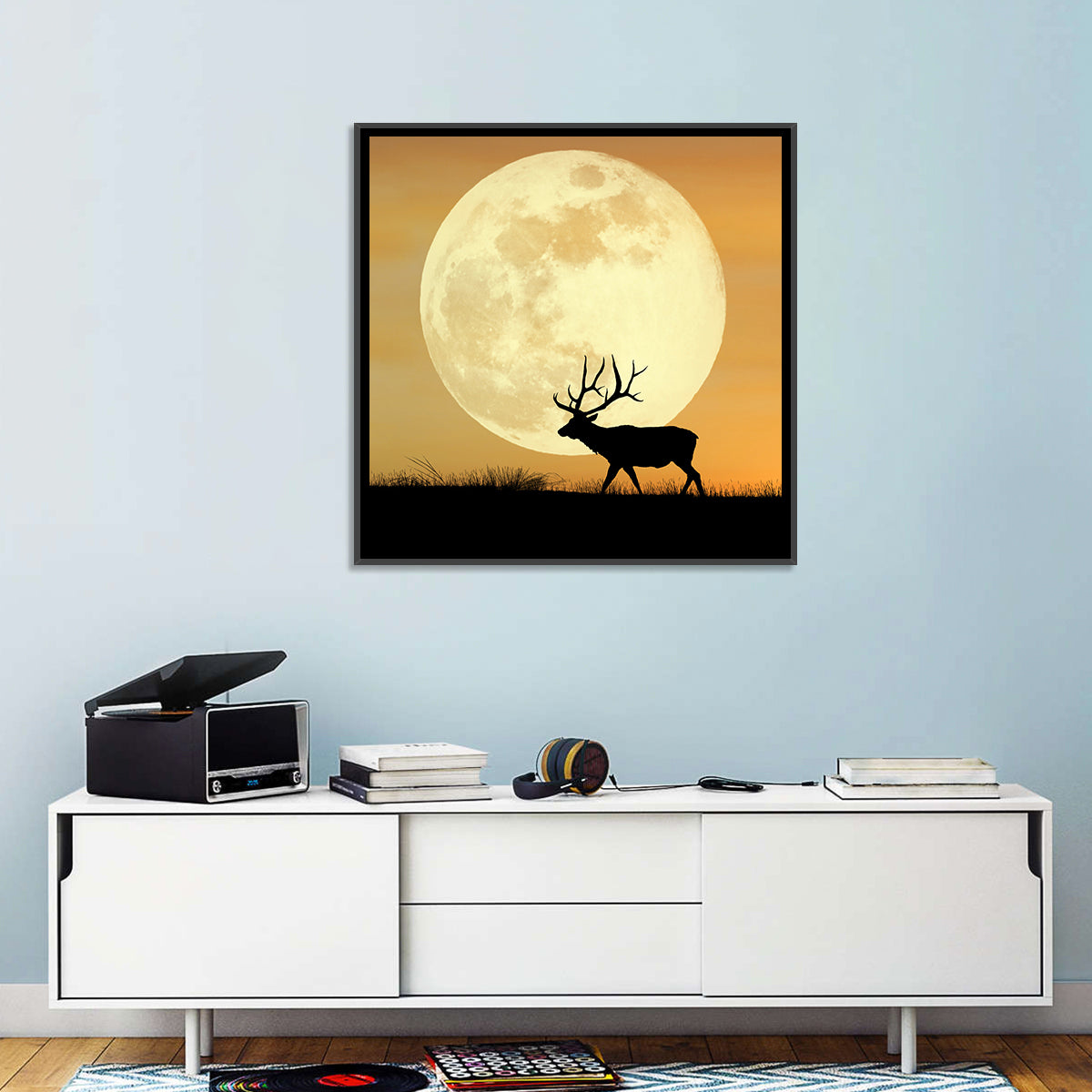 Bull Elk Silhouette Under Supermoon Wall Art in a room, square