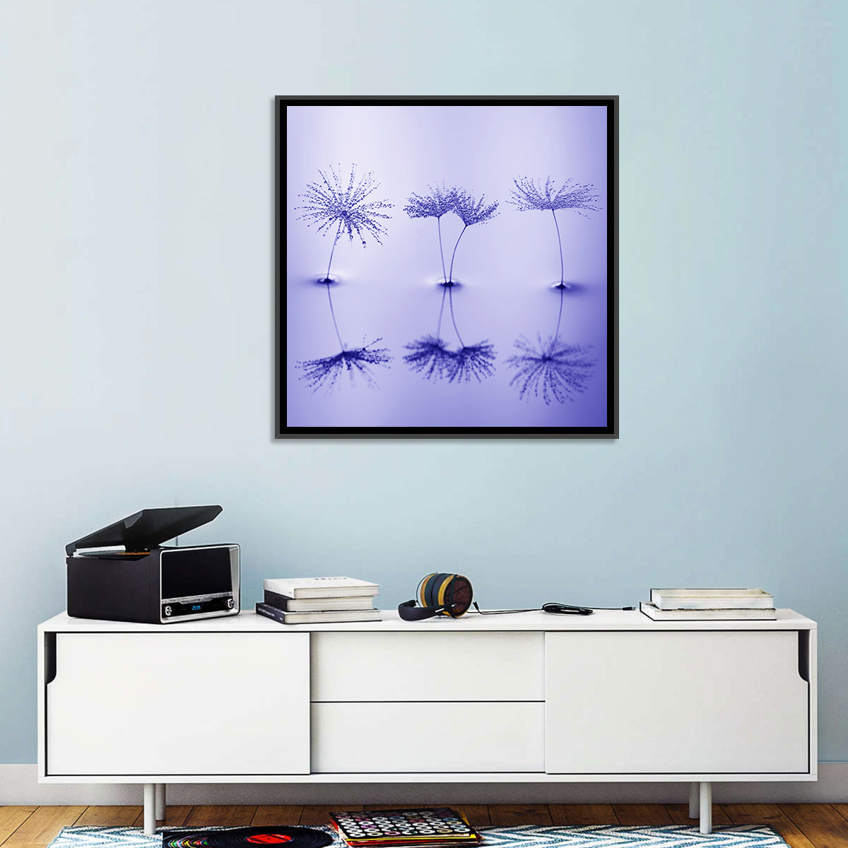 Blue Dandelion Seeds with Reflections Wall Art in a room, square
