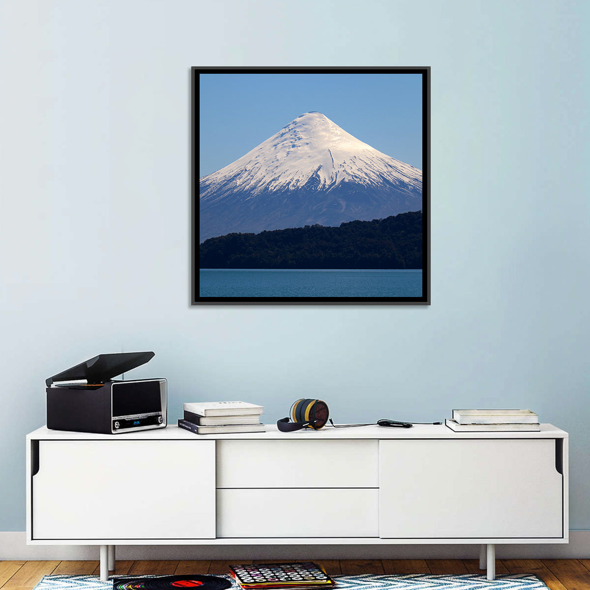 Snow-capped Osorno Volcano Over Lake Wall Art in a room, square