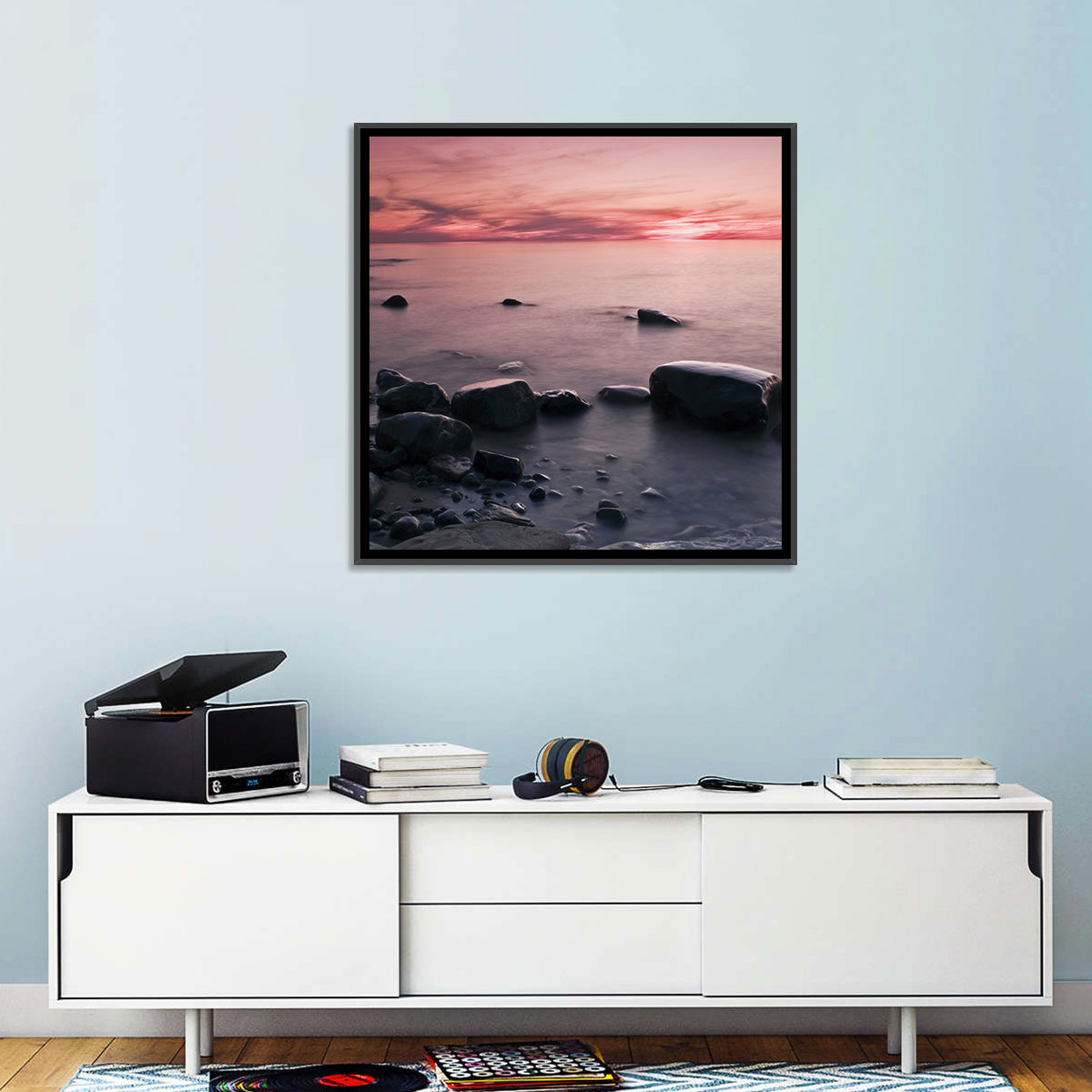 Pink Dusk Lakeshore with Silhouetted Rocks Wall Art in a room, square