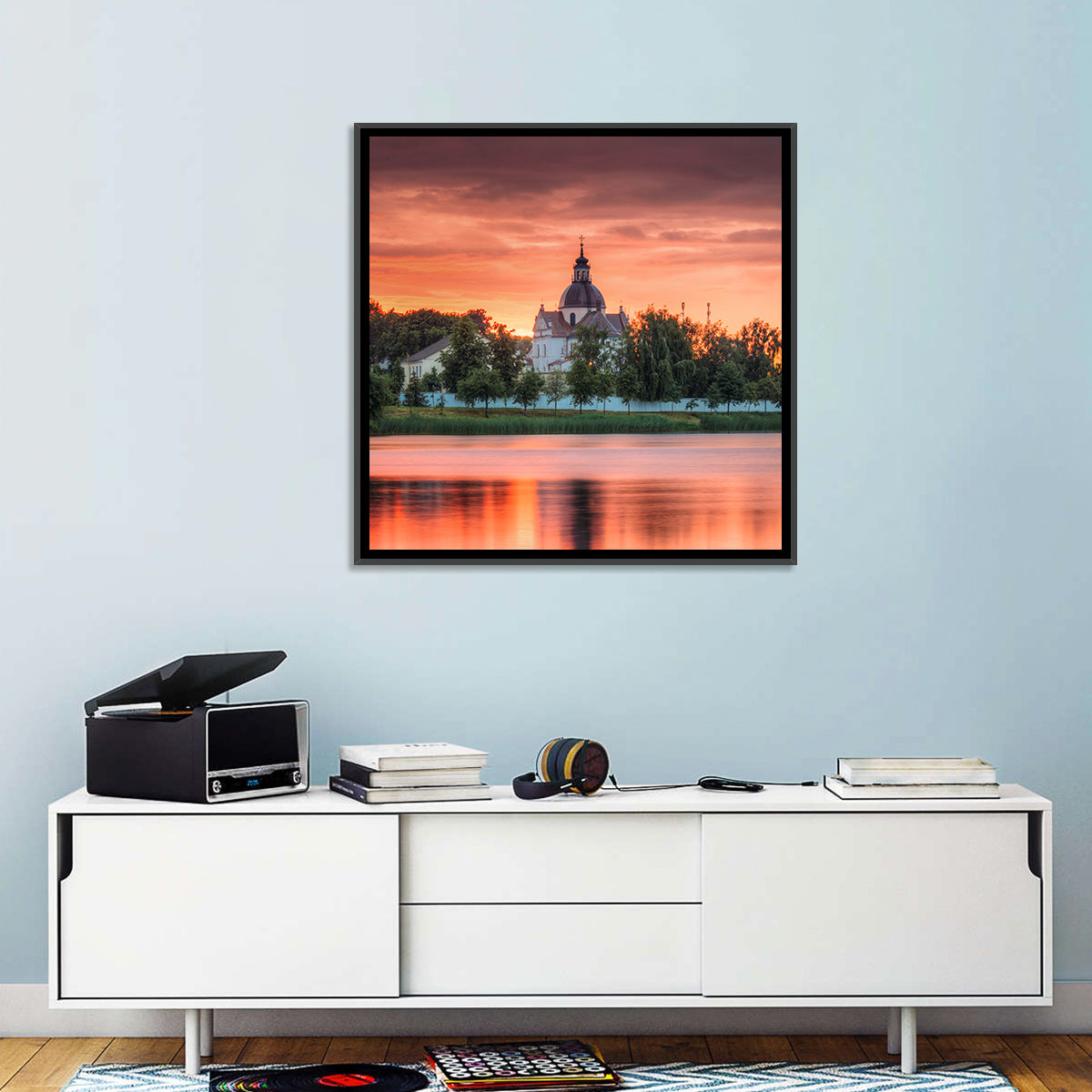 Corpus Christi Church Sunset Reflection Wall Art in a room, square