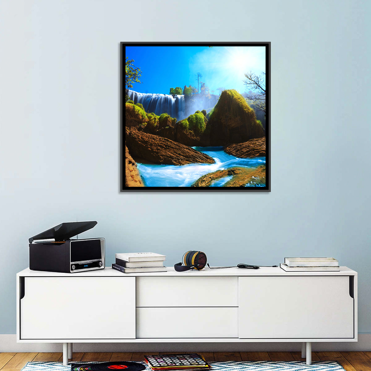 Sunlit Turquoise Waterfall Wall Art in a room, square