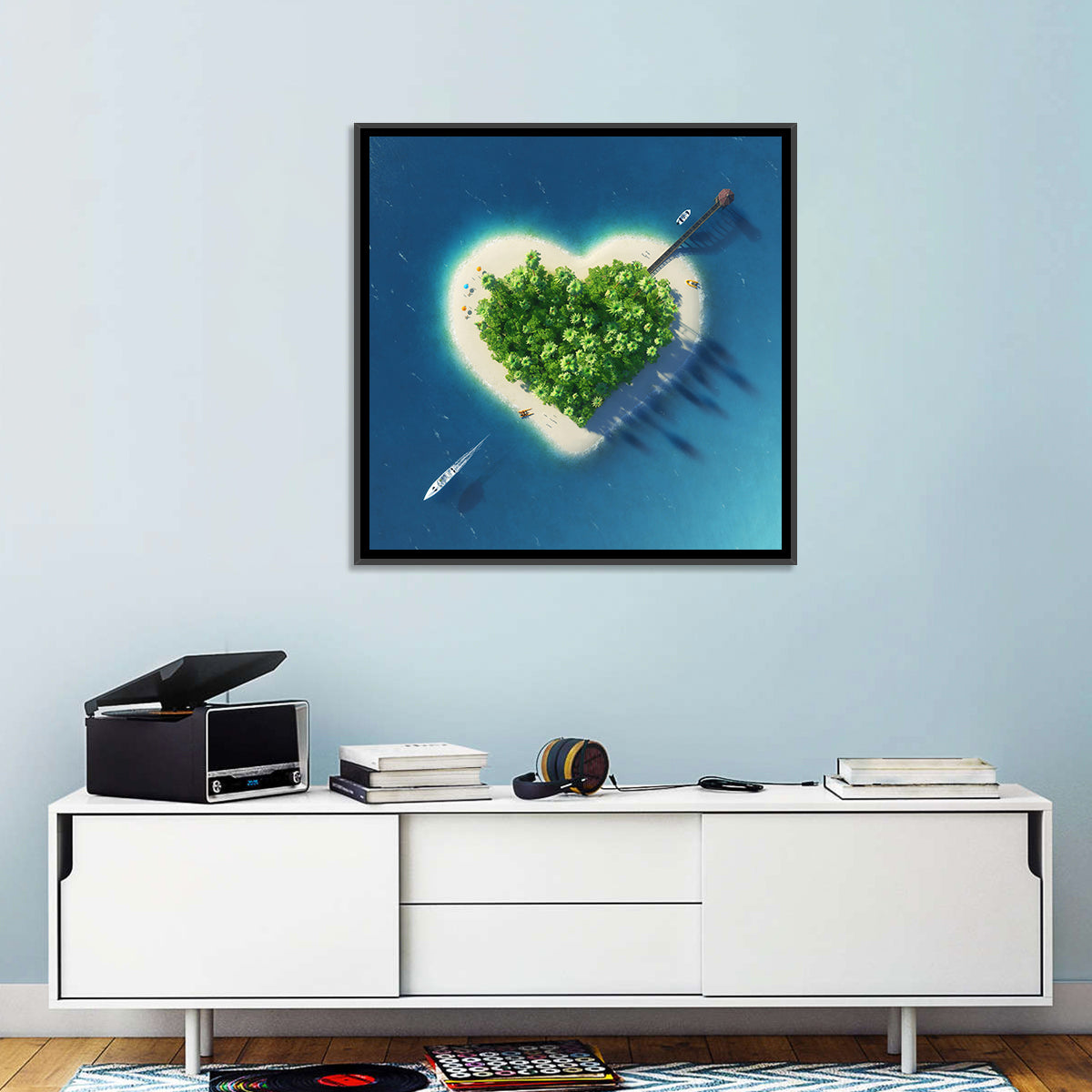 Heart-shaped Island Aerial Wall Art in a room, square