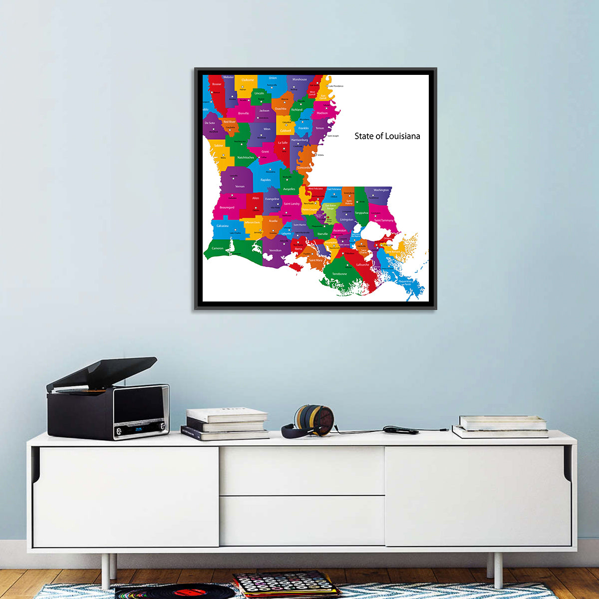 Colorful Louisiana Parish Map Wall Art in a room, square