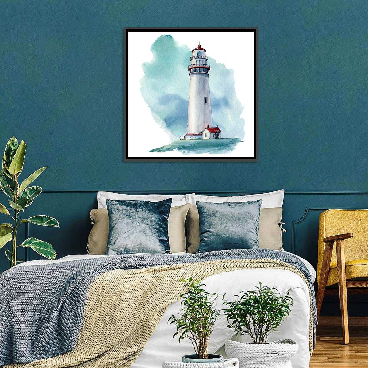 Red Roof Lighthouse Watercolor Wall Art in a room, square