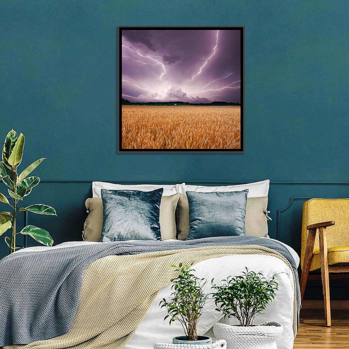 Lightning Over Wheat Field Wall Art in a room, square
