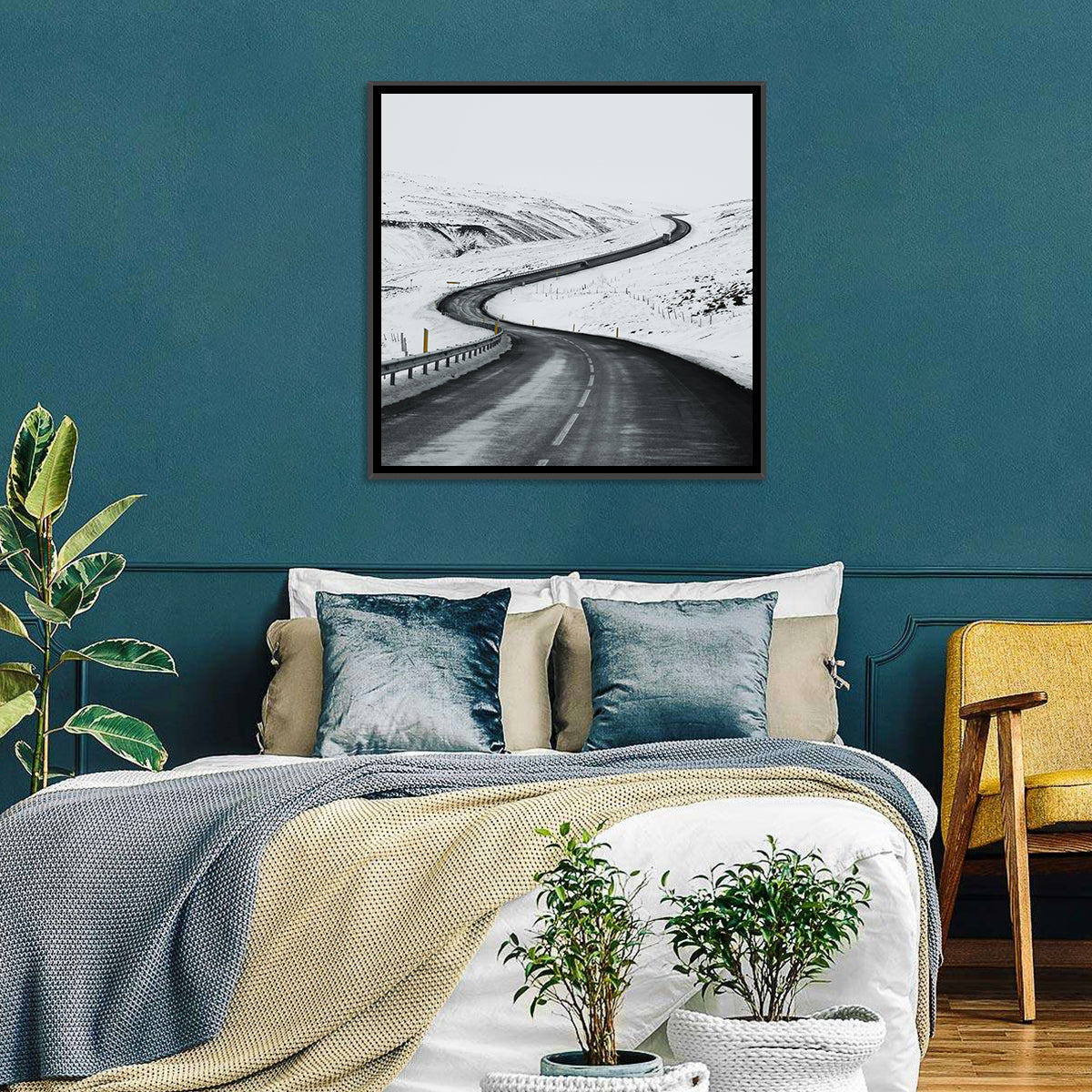 Winding Snow Road with Yellow Markers Wall Art in a room, square