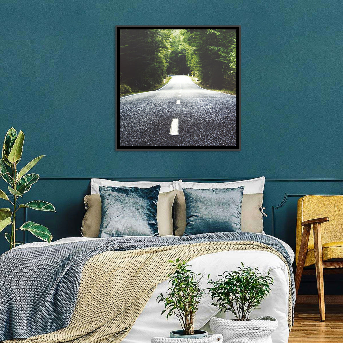 Summer Forest Road with Yellow Sign Wall Art in a room, square