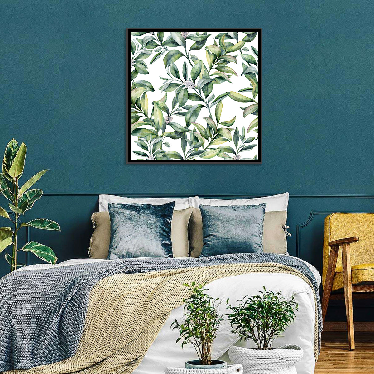 Snowberry Leaves Pattern Wall Art in a room, square