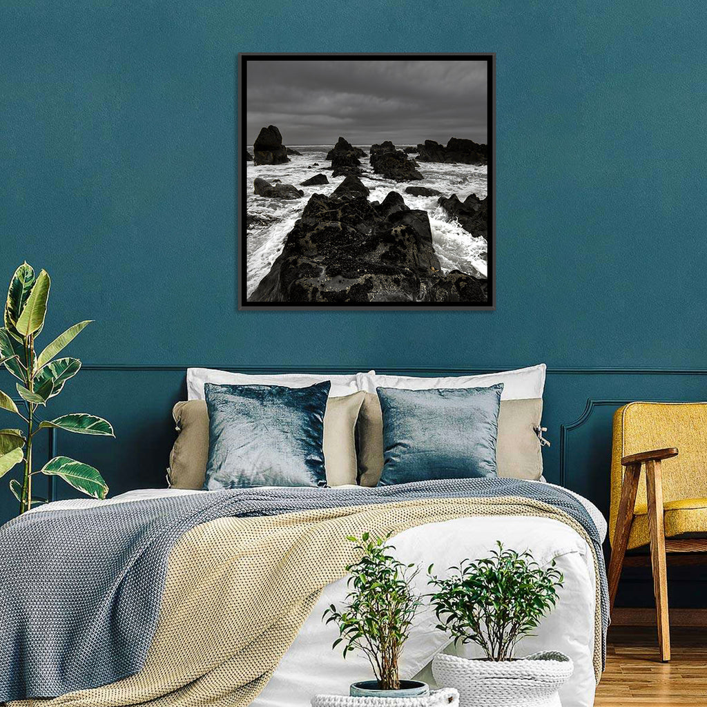 Moody Black and White Rocky Coast Waves Wall Art