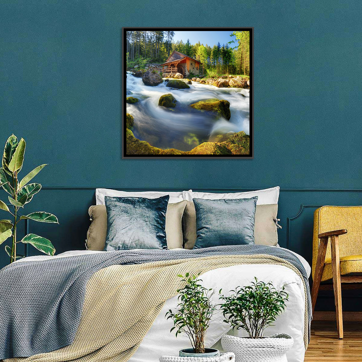 Salzburg Stream with Watermill Wall Art in a room, square