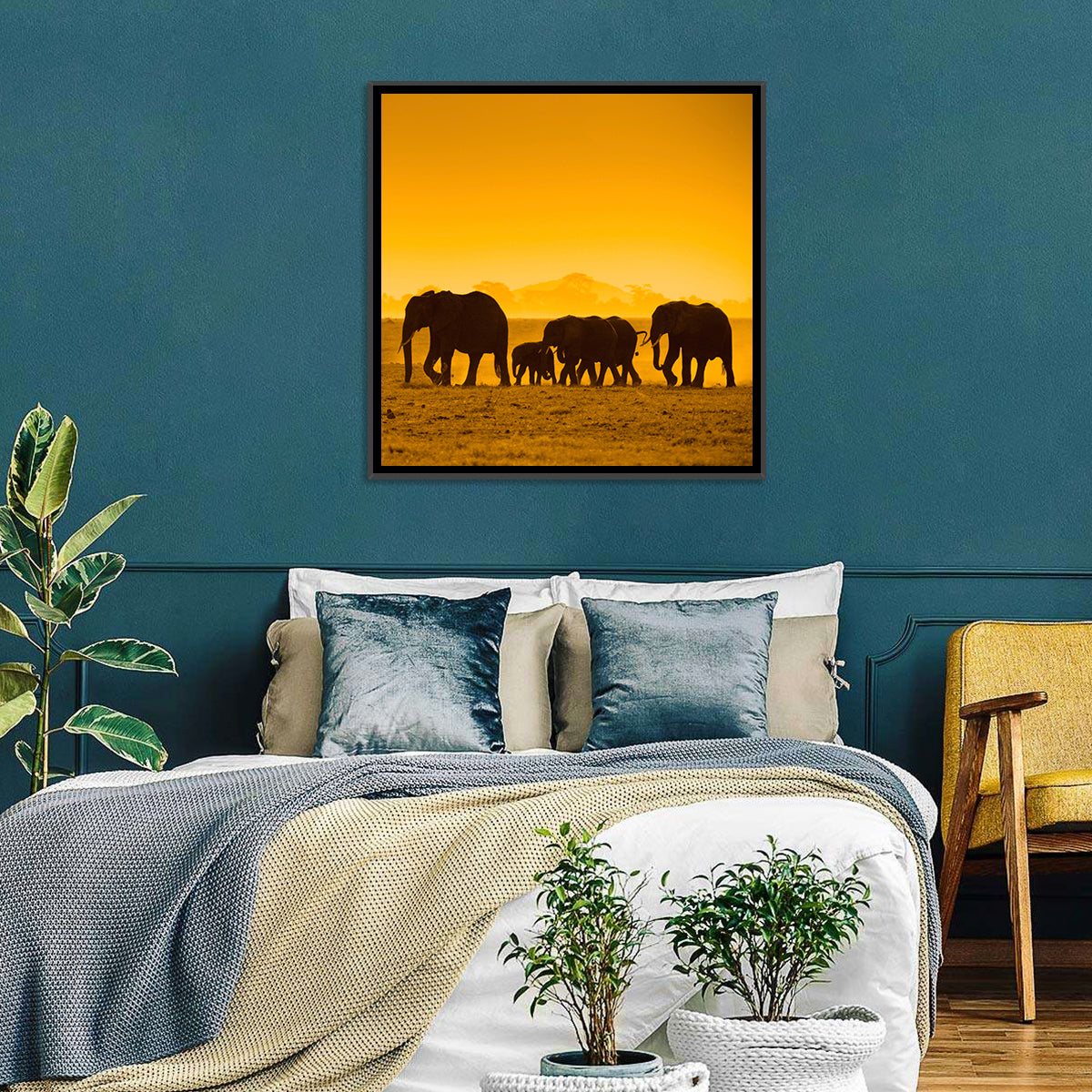 Elephant Family Silhouette Wall Art in a room, square