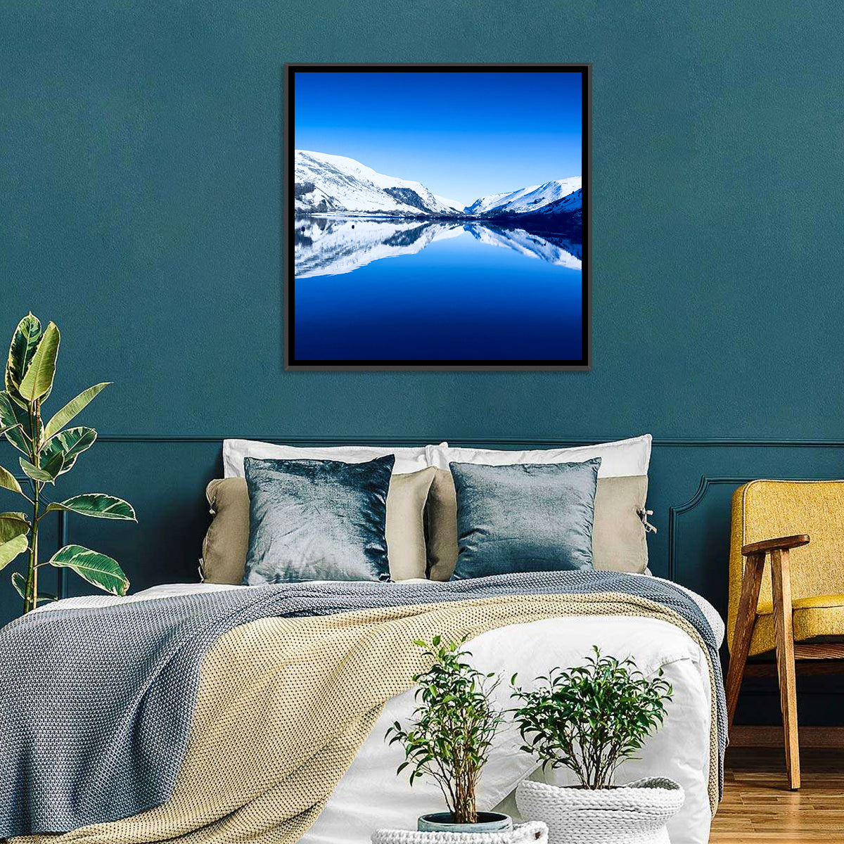Tal Y Llyn Winter Reflection Wall Art in a room, square