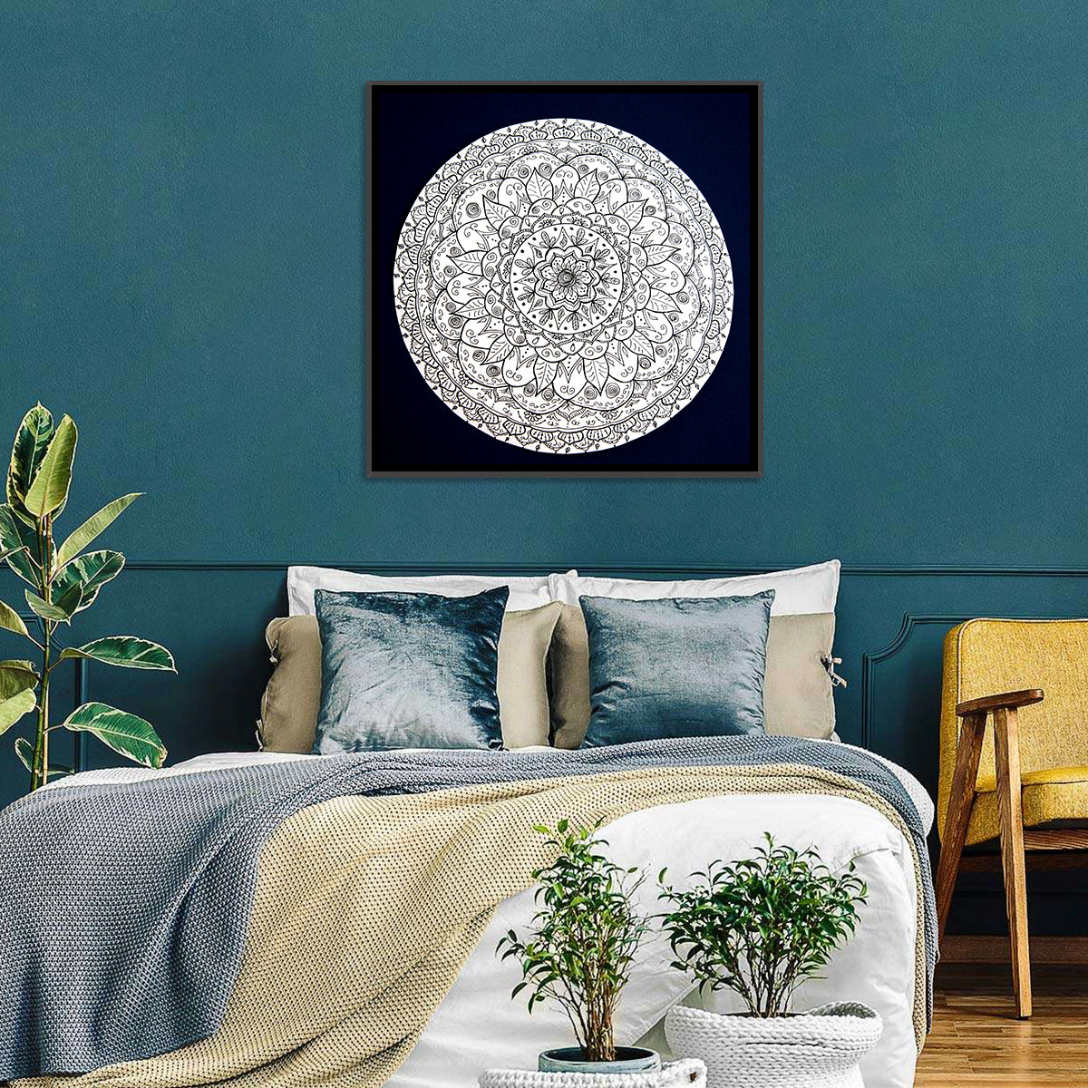 Navy Ornamental Mandala Wall Art in a room, square