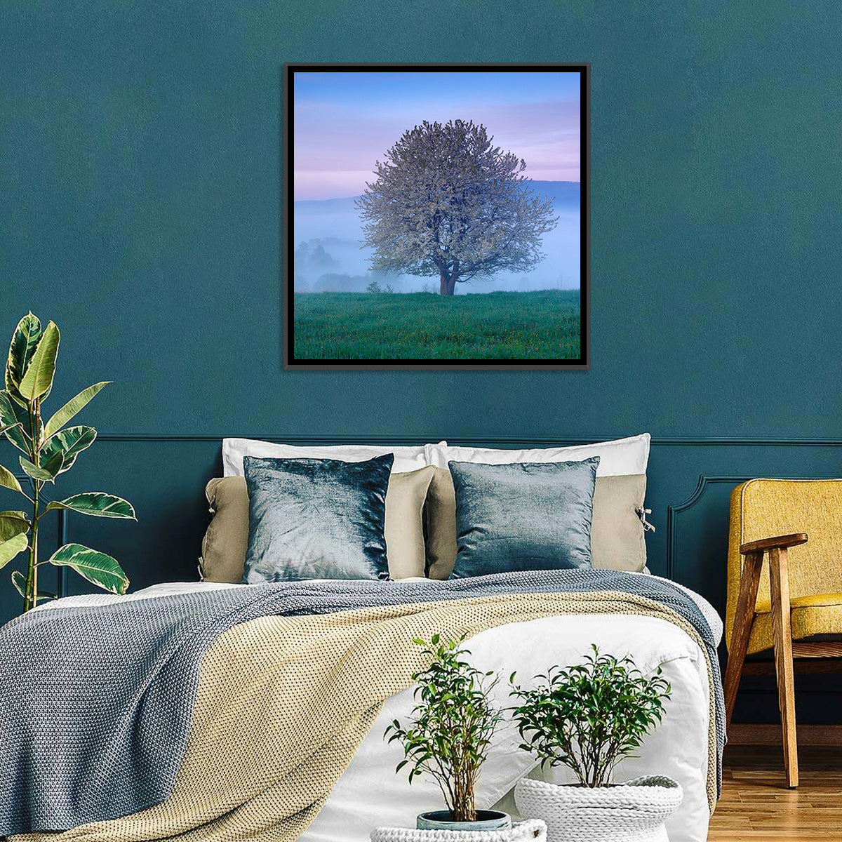 Misty Sumava Mountain Tree Wall Art in a room, square