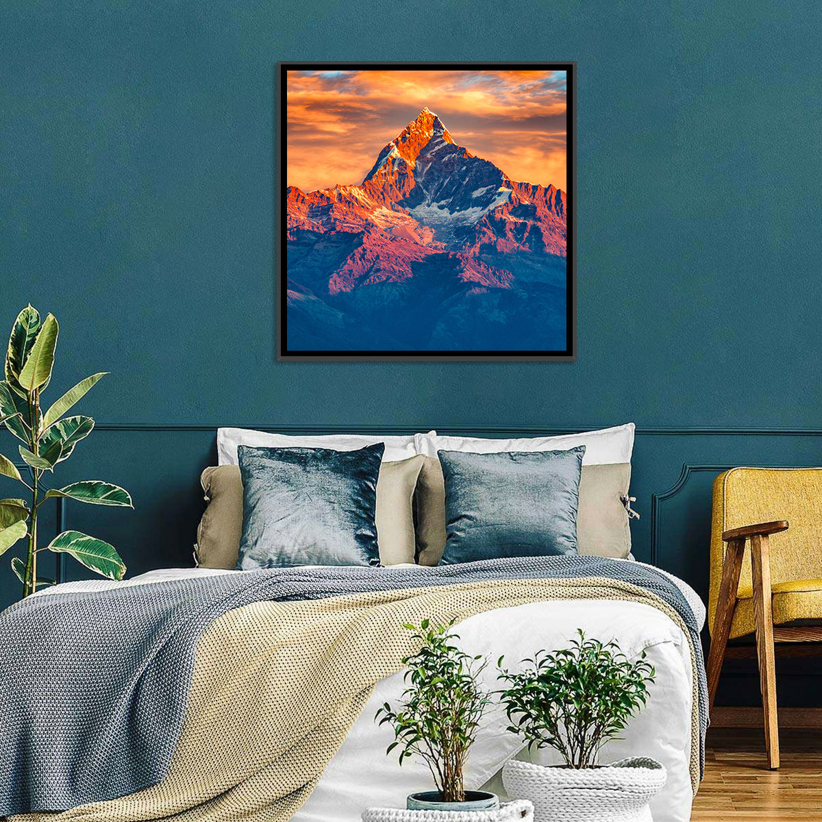 Machhapuchhre Sunrise Over Pokhara Wall Art in a room, square