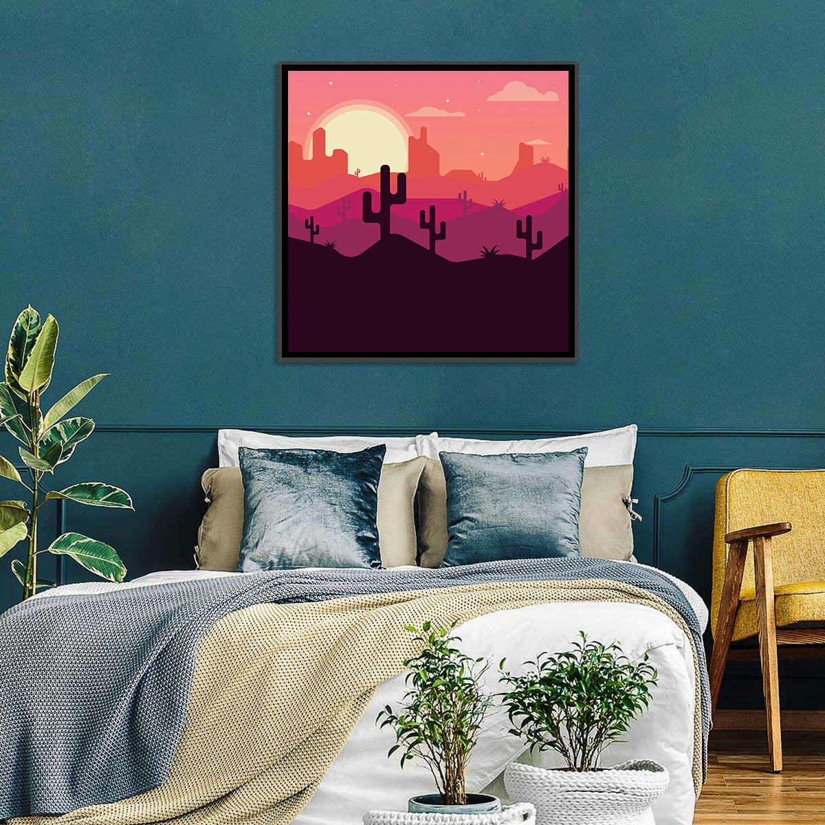 Desert Sunset with Saguaro Silhouettes Wall Art in a room, square