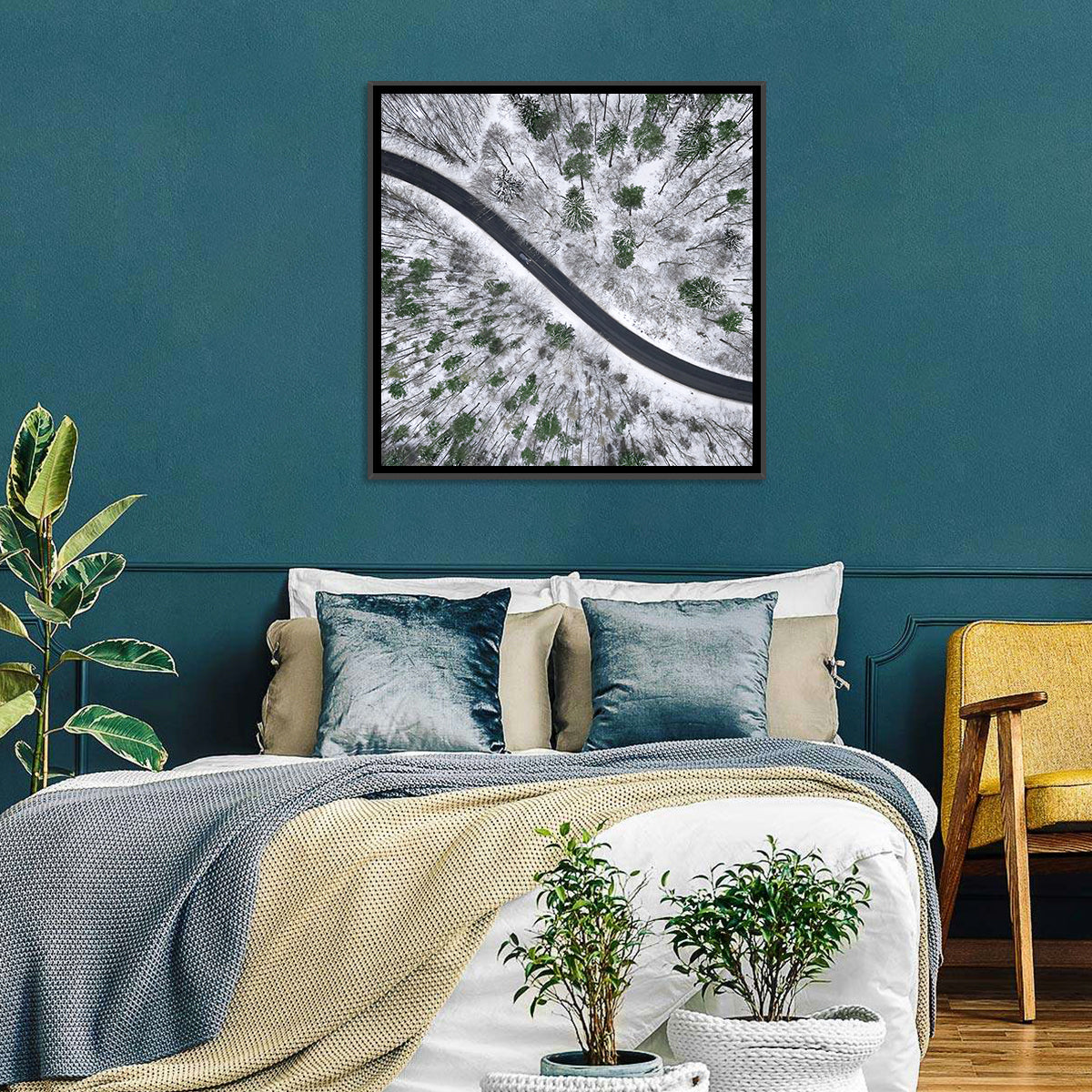 Snowy Forest Road Wall Art in a room, square