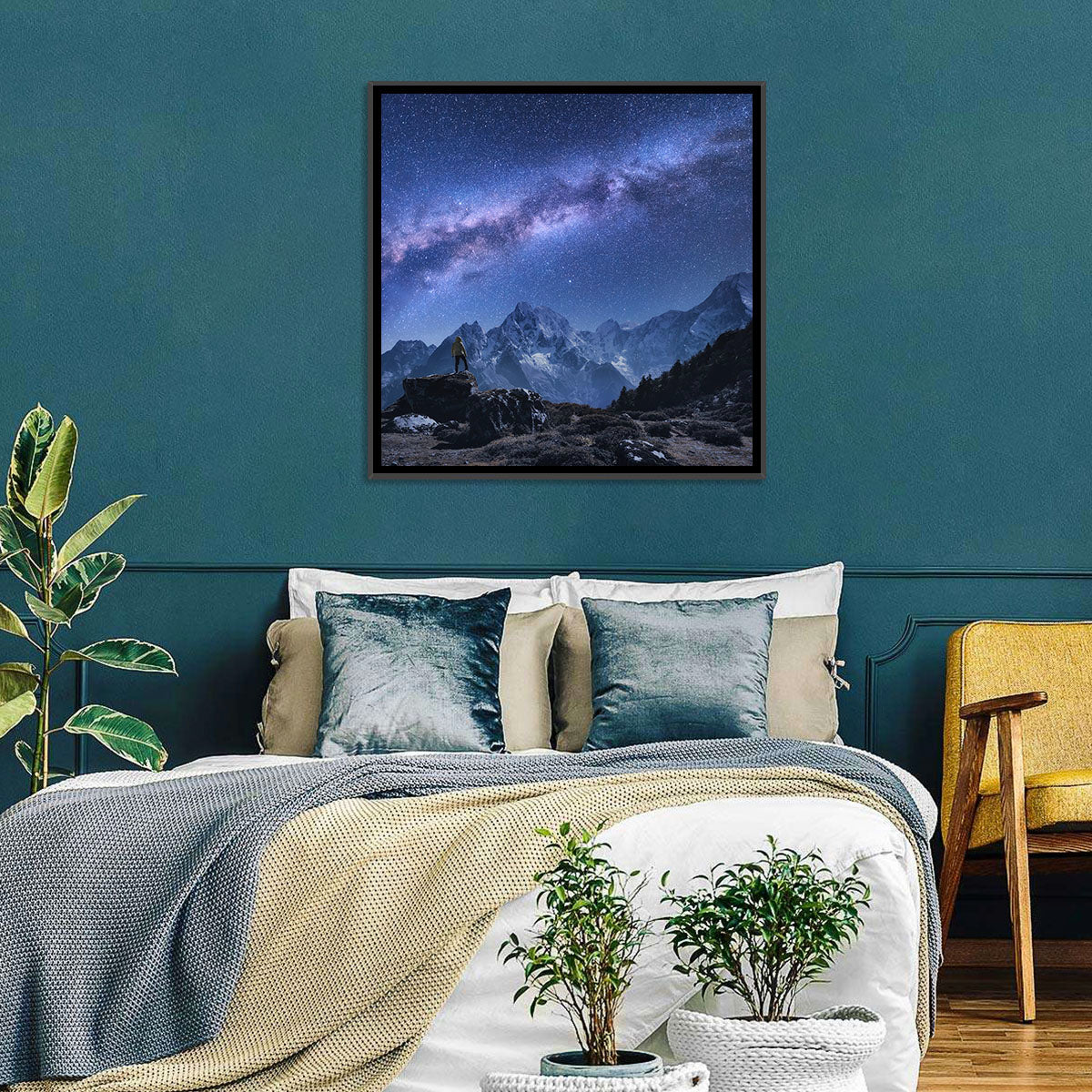 Milky Way Over Snow Capped Peaks Wall Art in a room, square