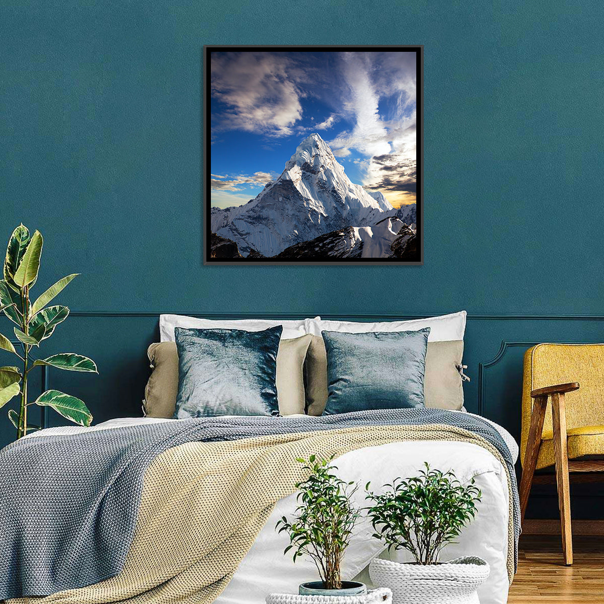 Ama Dablam at Golden Dusk Wall Art in a room, square