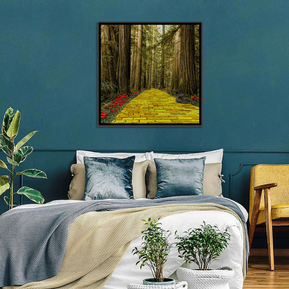 Yellow Brick Path Through Redwoods Wall Art in a room, square