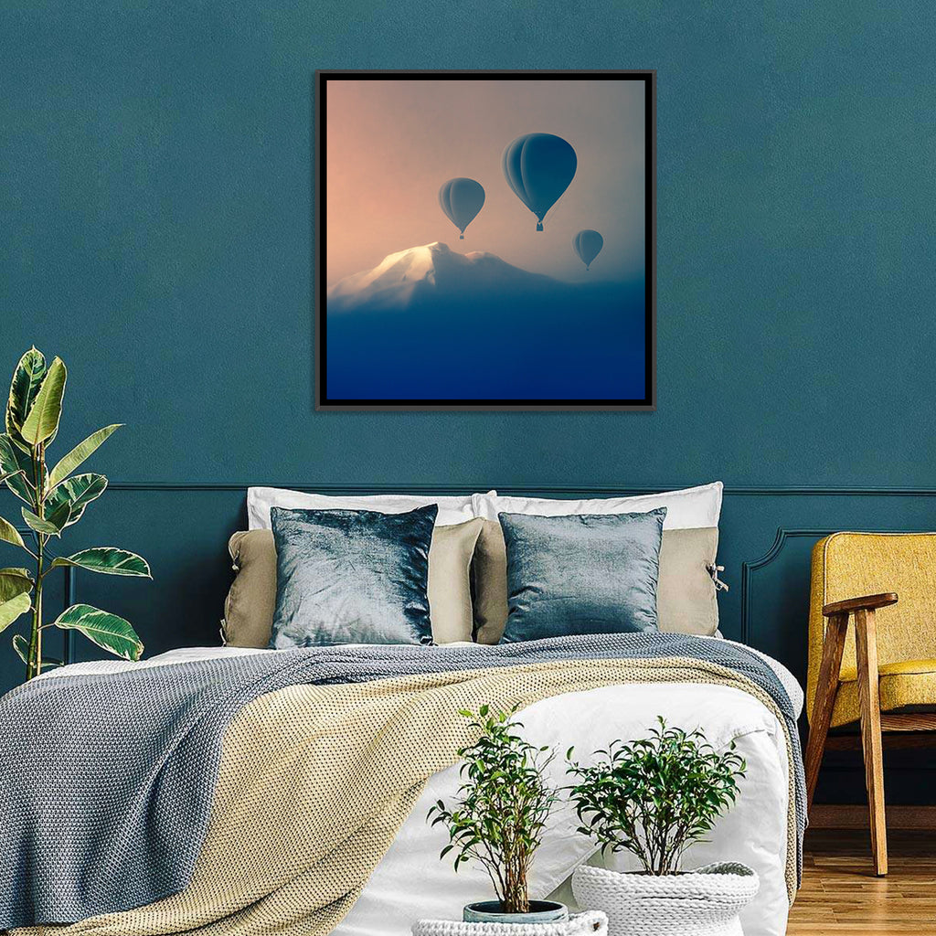 Three Hot Air Balloons Over Misty Peak Wall Art