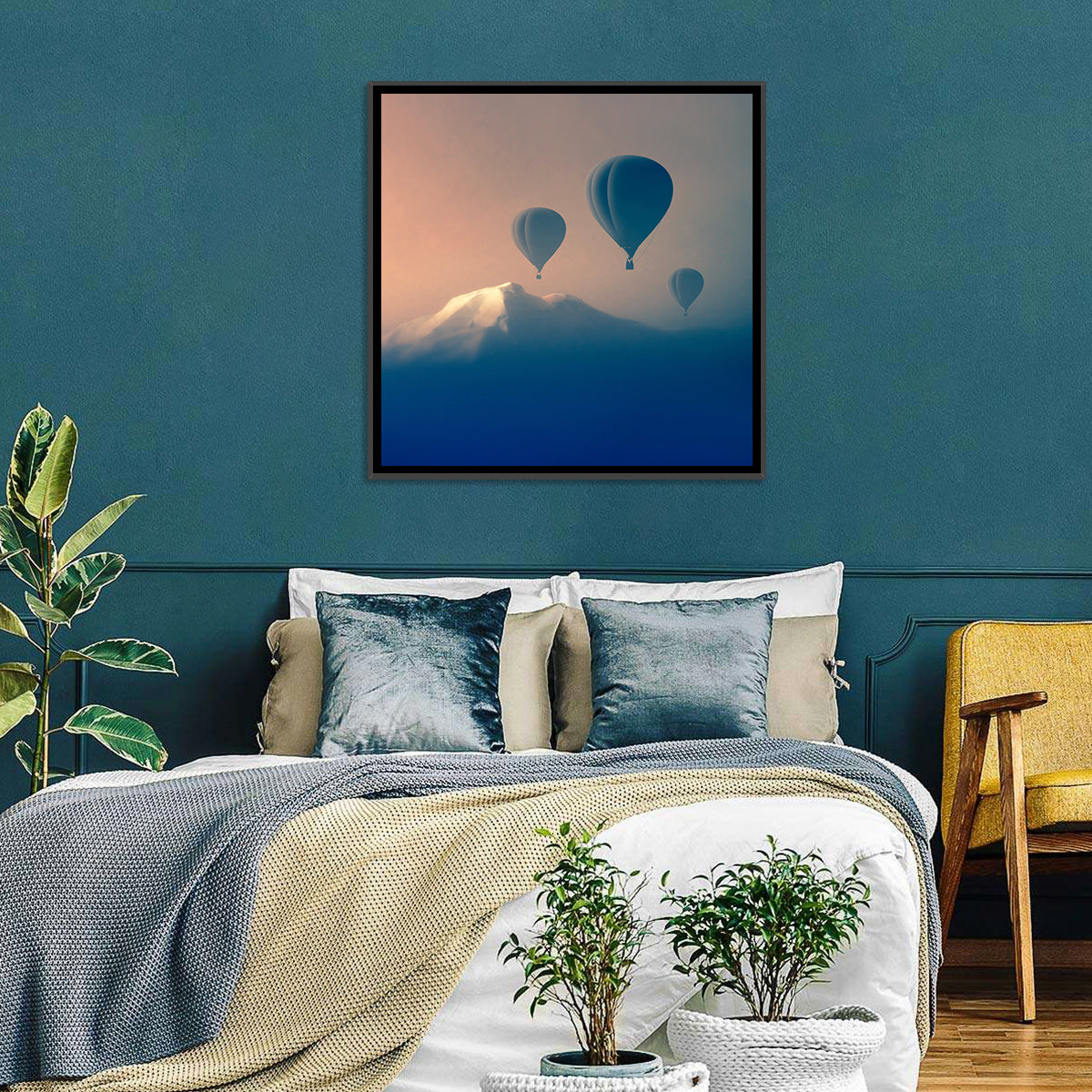 Three Hot Air Balloons Over Misty Peak Wall Art