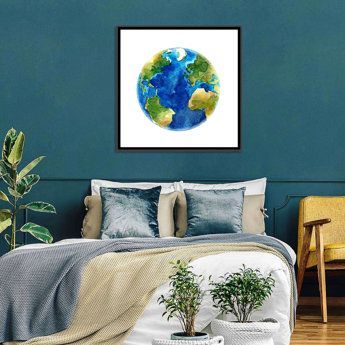 Watercolor Earth Globe Wall Art in a room, square