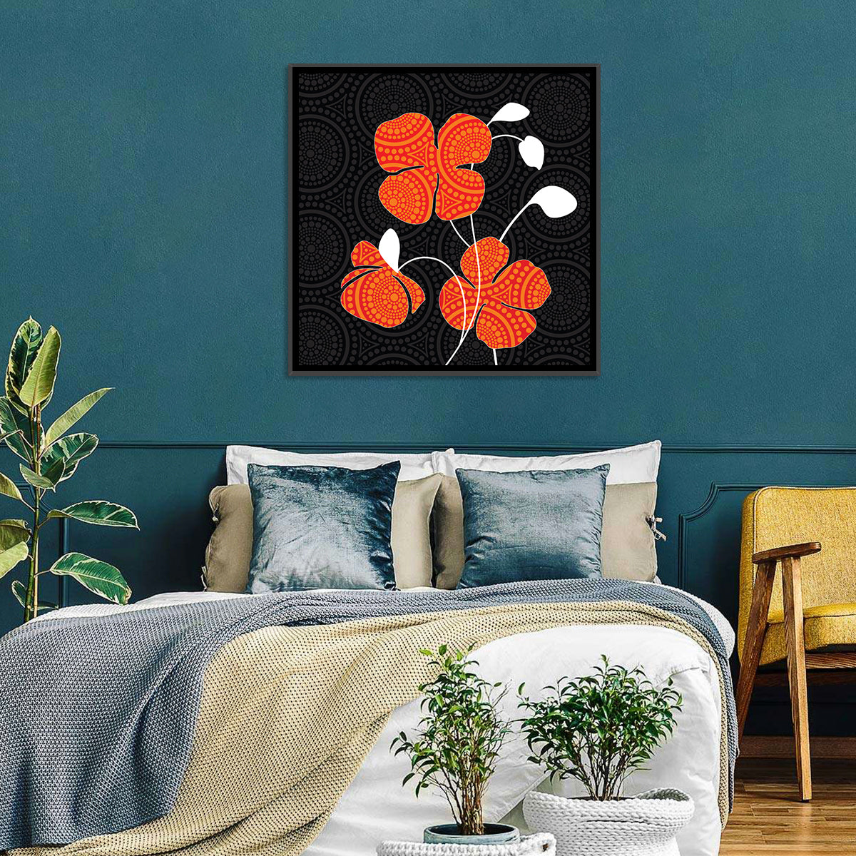 Black and Orange Poppy Illustration Wall Art in a room, square
