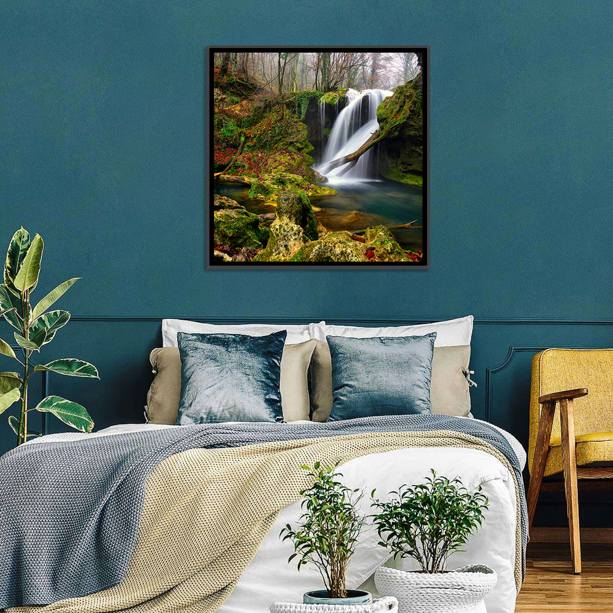 Cheile Nerei Mossy Waterfall Wall Art in a room, square
