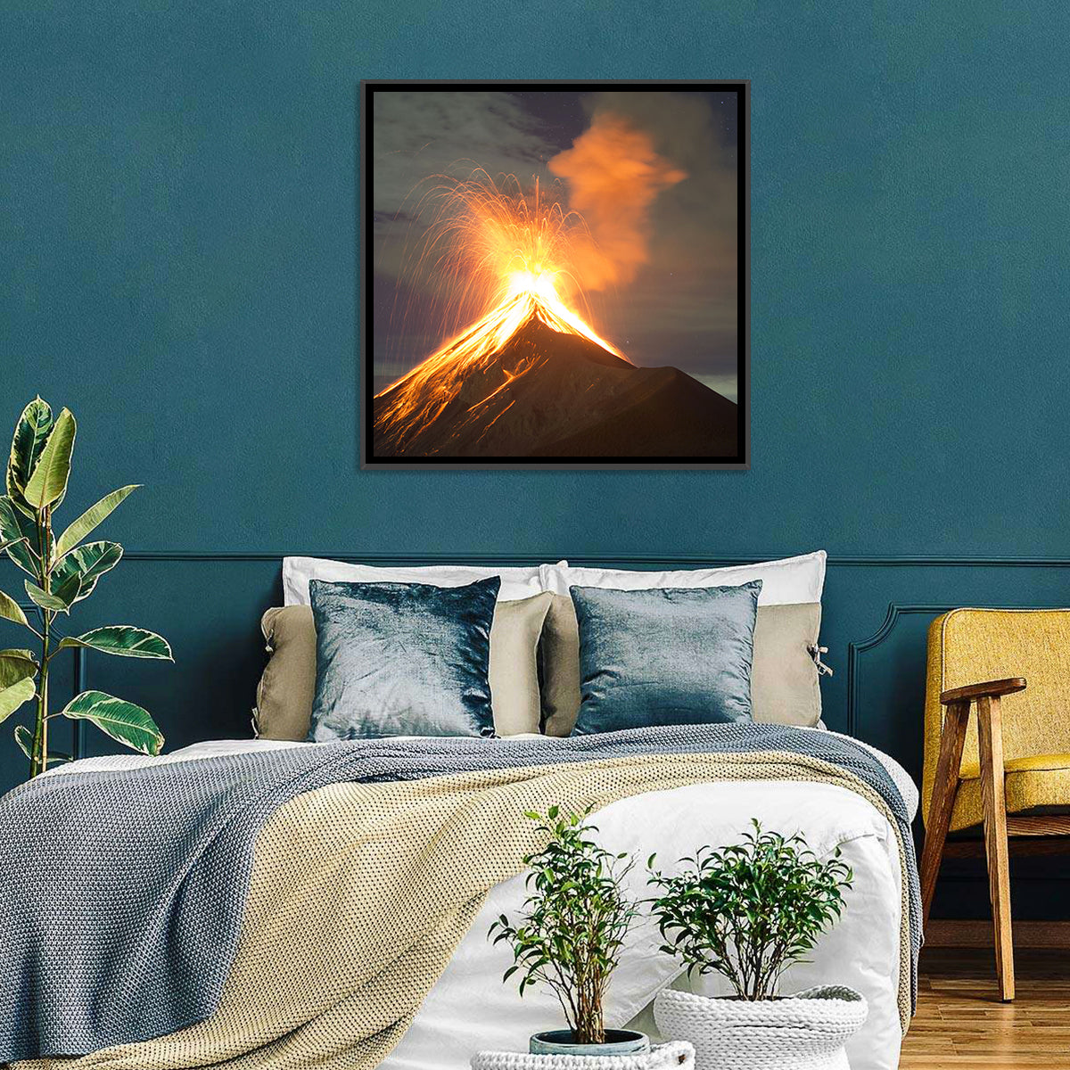 Starry Night Volcano Eruption Wall Art in a room, square