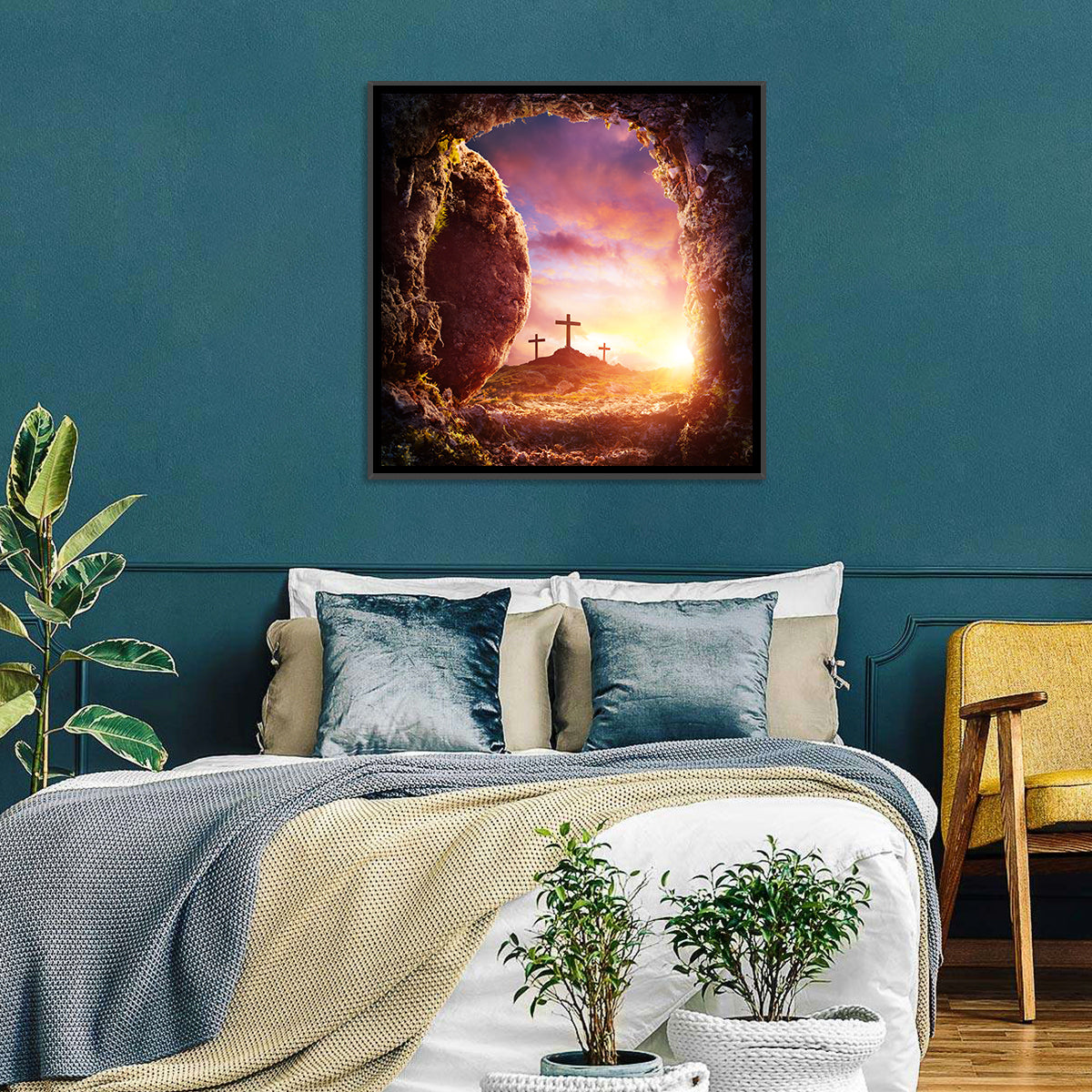 Three Crosses at Sunrise Wall Art in a room, square