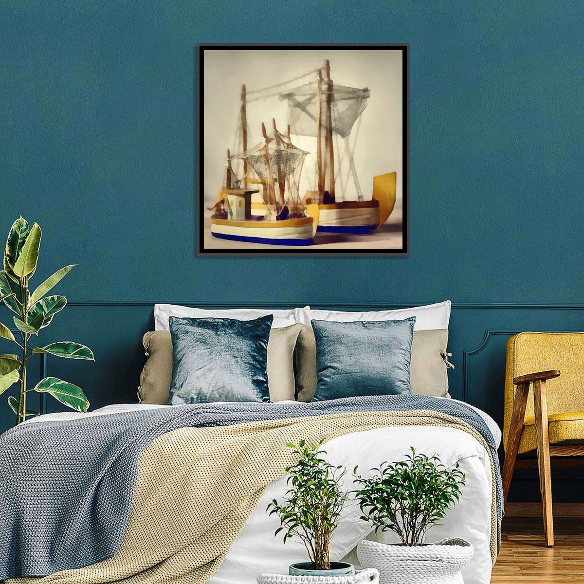 Two Watercolor Boats Wall Art in a room, square