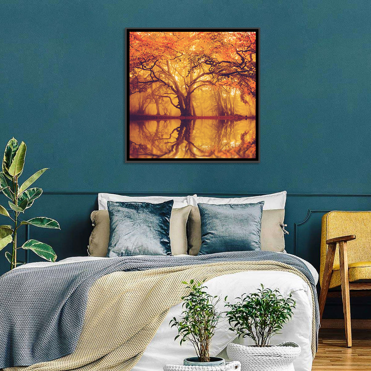 Golden Mist Forest Reflection Wall Art in a room, square